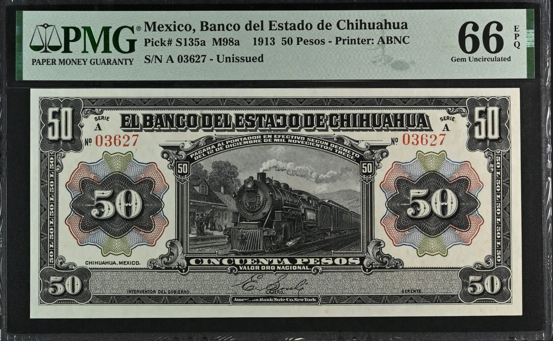 Bancos Mexican Currency Bancos 50 Pesos 1913 Chihuahua M98a P S135a PMG GEM UNC66 EPQ f_35765 Bancos 50 Pesos 1913 Chihuahua M98a P S135a PMG GEM UNC66 EPQ f_35765