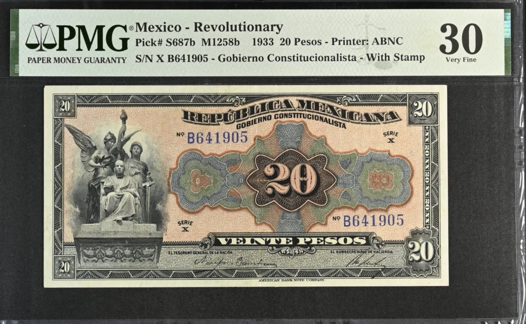 Revolutionary Currency 20 Pesos 1933 Distrito Federal M1258b P S687b PMG VF30 f_35767