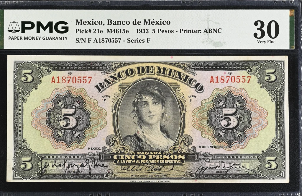 Banco De Mexico 5 Pesos 1933 M4615e P21e PMG VF30 f_35768