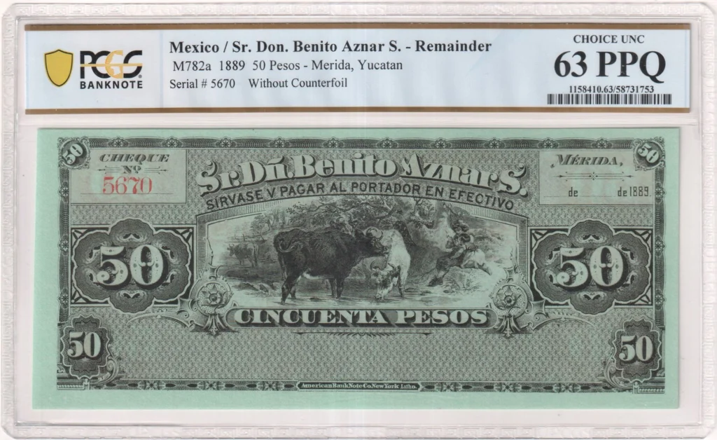 Pre-Revolution 50 Pesos 1889 Yucatan M782a PCGS Ch UNC63 PPQ f_35770