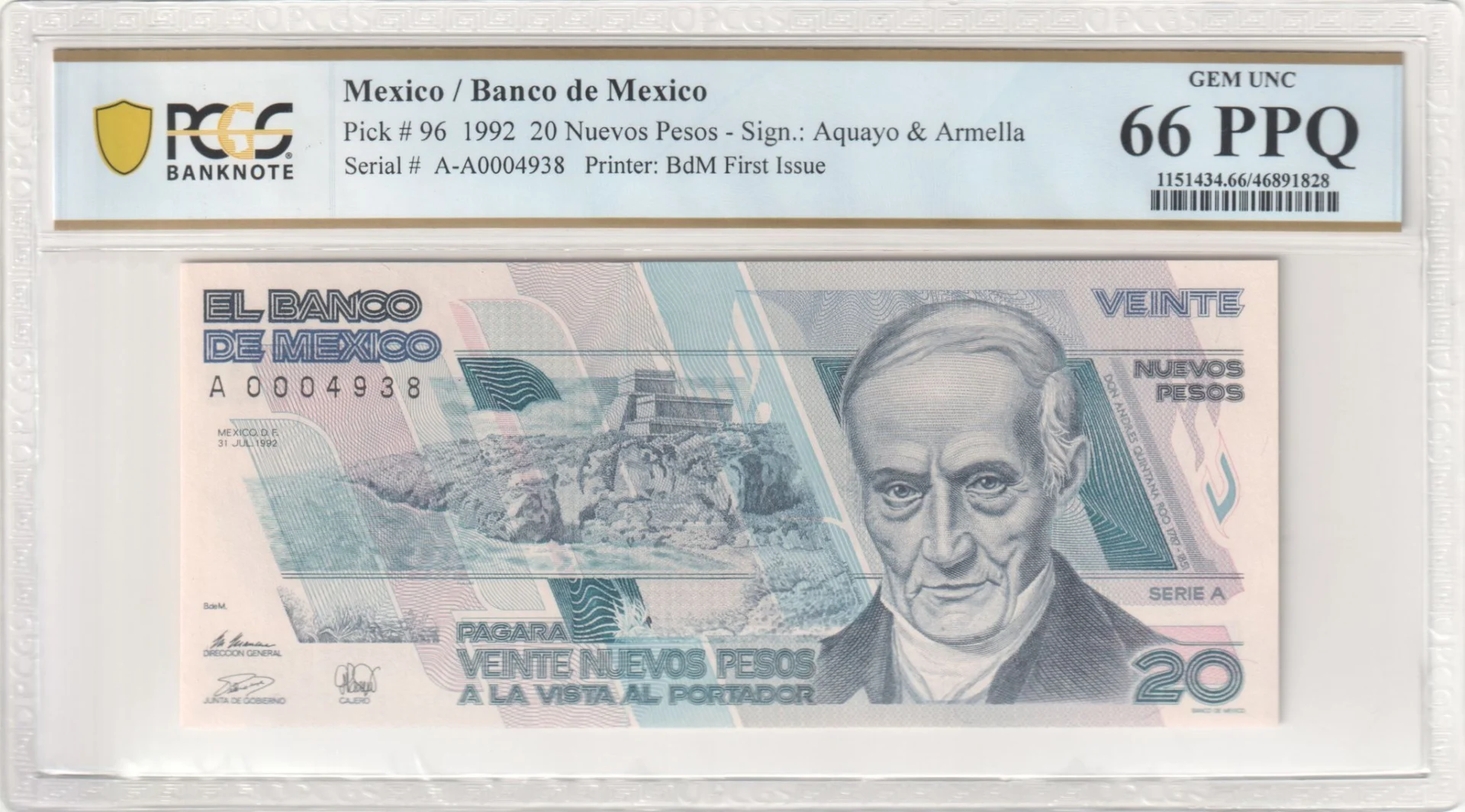 Banco De Mexico Mexican Currency Banco De Mexico 20 Nuevos Pesos 1992 M4669 P96 PCGS Gem UNC66 PPQ f_35771 Banco De Mexico 20 Nuevos Pesos 1992 M4669 P96 PCGS Gem UNC66 PPQ f_35771