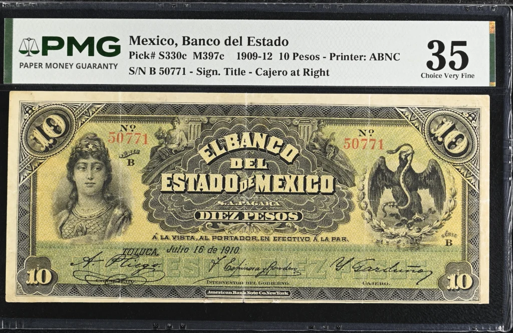 Bancos Mexican Currency Bancos 10 Pesos 1909-12 Mexico M397c P S330c PMG Ch VF35 f_35772 Bancos 10 Pesos 1909-12 Mexico M397c P S330c PMG Ch VF35 f_35772