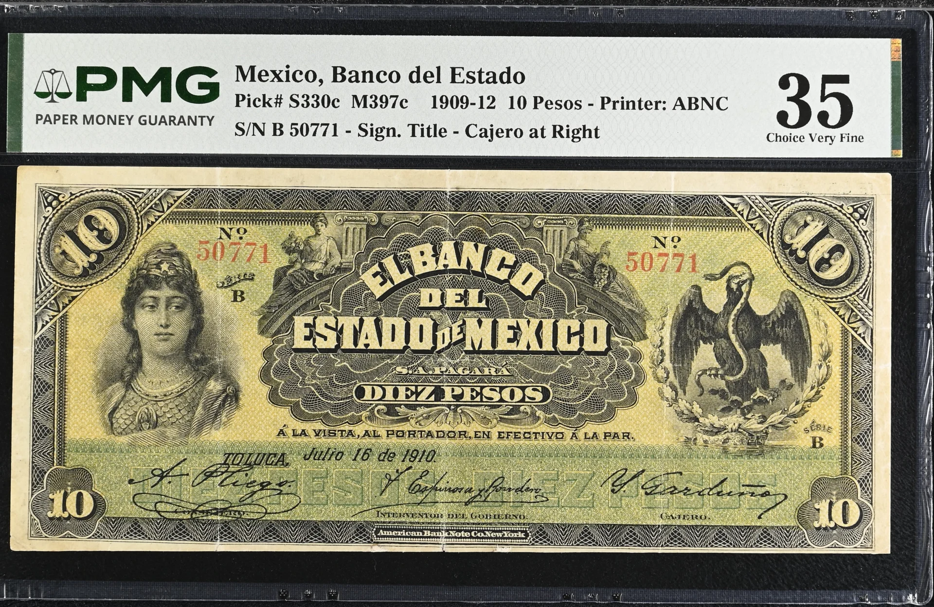 Bancos Mexican Currency Bancos 10 Pesos 1909-12 Mexico M397c P S330c PMG Ch VF35 f_35772 Bancos 10 Pesos 1909-12 Mexico M397c P S330c PMG Ch VF35 f_35772