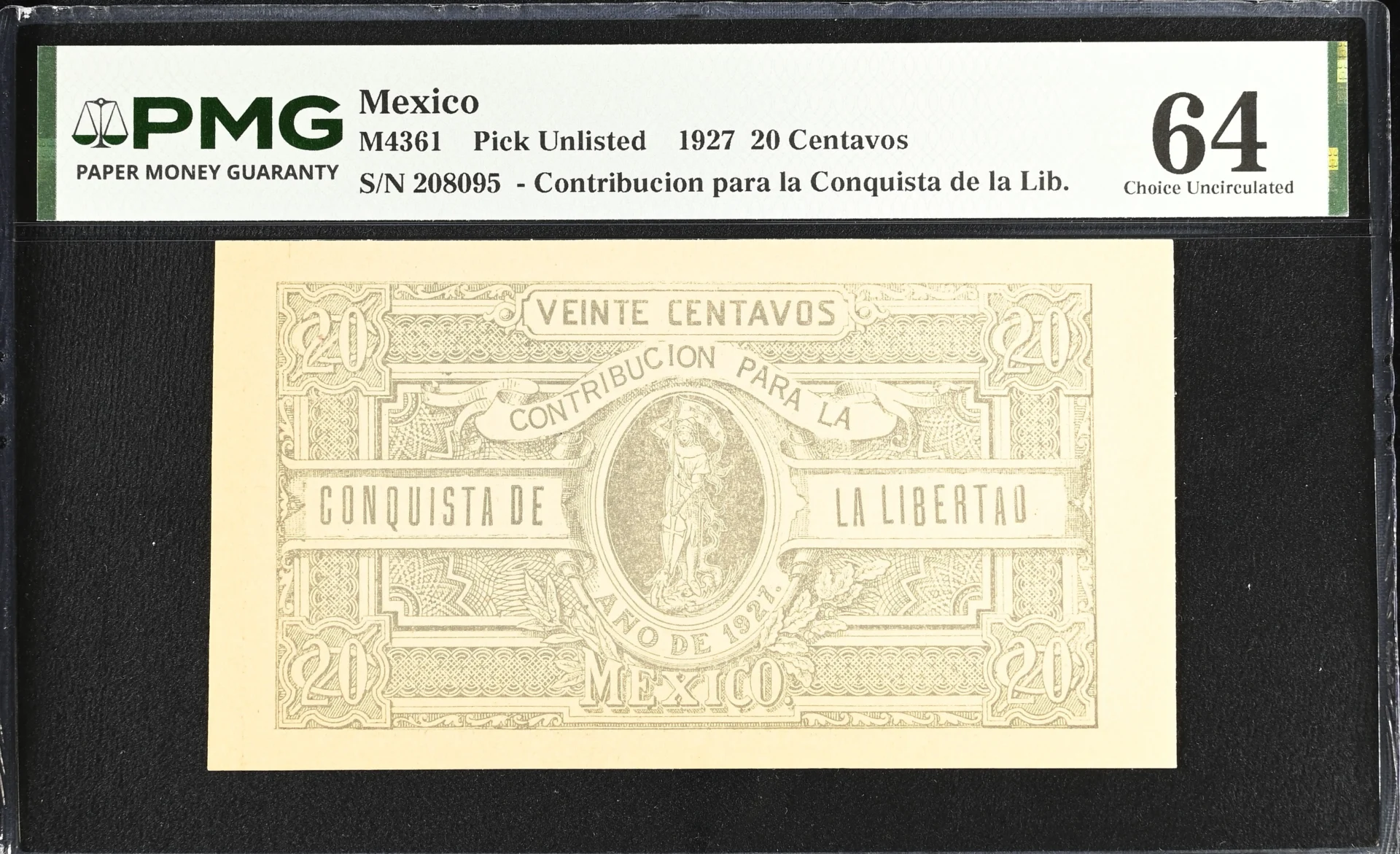 Mexican Currency Post Revolution Post Revolution 20 Centavos 1927 Jalisco M4361 PMG Ch UNC64 f_35773 Post Revolution 20 Centavos 1927 Jalisco M4361 PMG Ch UNC64 f_35773