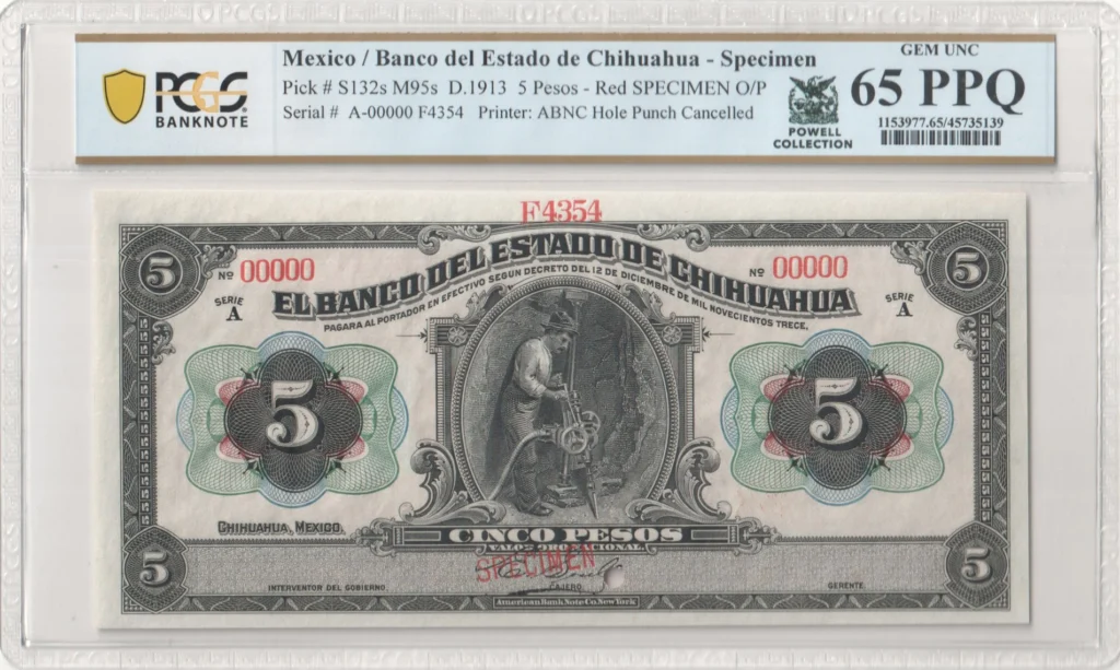 Bancos Mexican Currency Bancos 5 Pesos 1913 Chihuahua M95s P S132s PCGS Gem UNC65 PPQ f_35778 Bancos 5 Pesos 1913 Chihuahua M95s P S132s PCGS Gem UNC65 PPQ f_35778