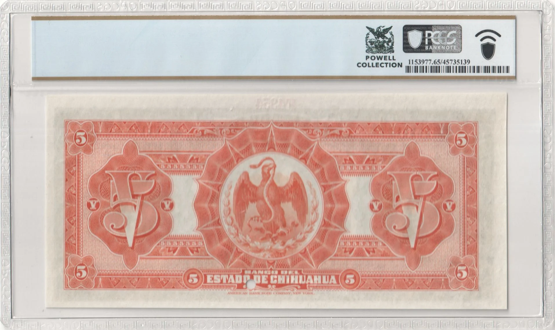 Bancos Mexican Currency Bancos 5 Pesos 1913 Chihuahua M95s P S132s PCGS Gem UNC65 PPQ f_35778 Bancos 5 Pesos 1913 Chihuahua M95s P S132s PCGS Gem UNC65 PPQ f_35778Bancos 5 Pesos 1913 Chihuahua M95s P S132s PCGS Gem UNC65 PPQ f_35778 - Image 2