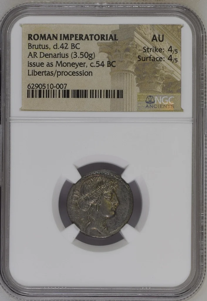 Roman Imperatorial Brutus d.42 BC AR Denarius NGC AU 0162960