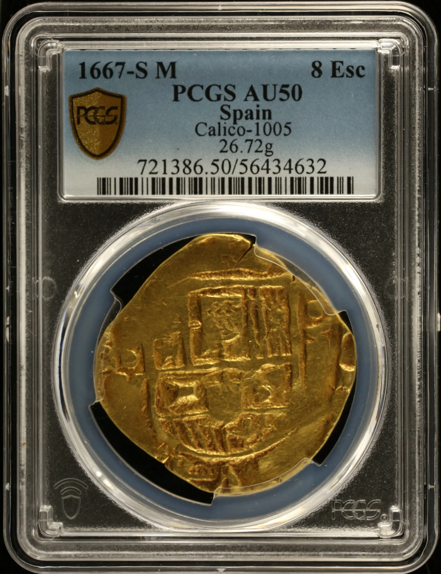 Europe Spain World Coins Spain 8 Escudos 1667 Seville M Calico-1005 PCGS AU50 0162723 Spain 8 Escudos 1667 Seville M Calico-1005 PCGS AU50 0162723