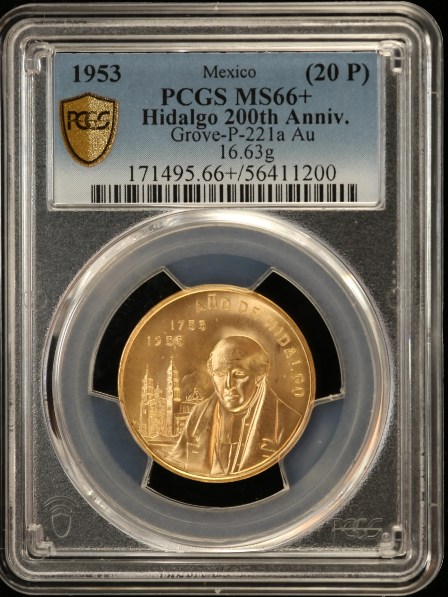 Medals & Tokens Hidalgo (20 Peso) Gold Medal 1953 PCGS MS66+ Grove-P-221a 0162739