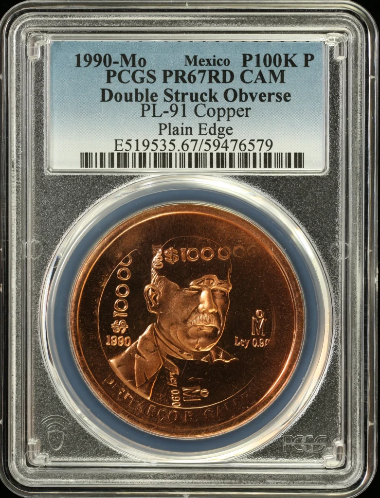 Mint Errors Modern Silver & Minors 100,000 Peso 1990 Mo PCGS PR67RD CAM PL-91 0162886