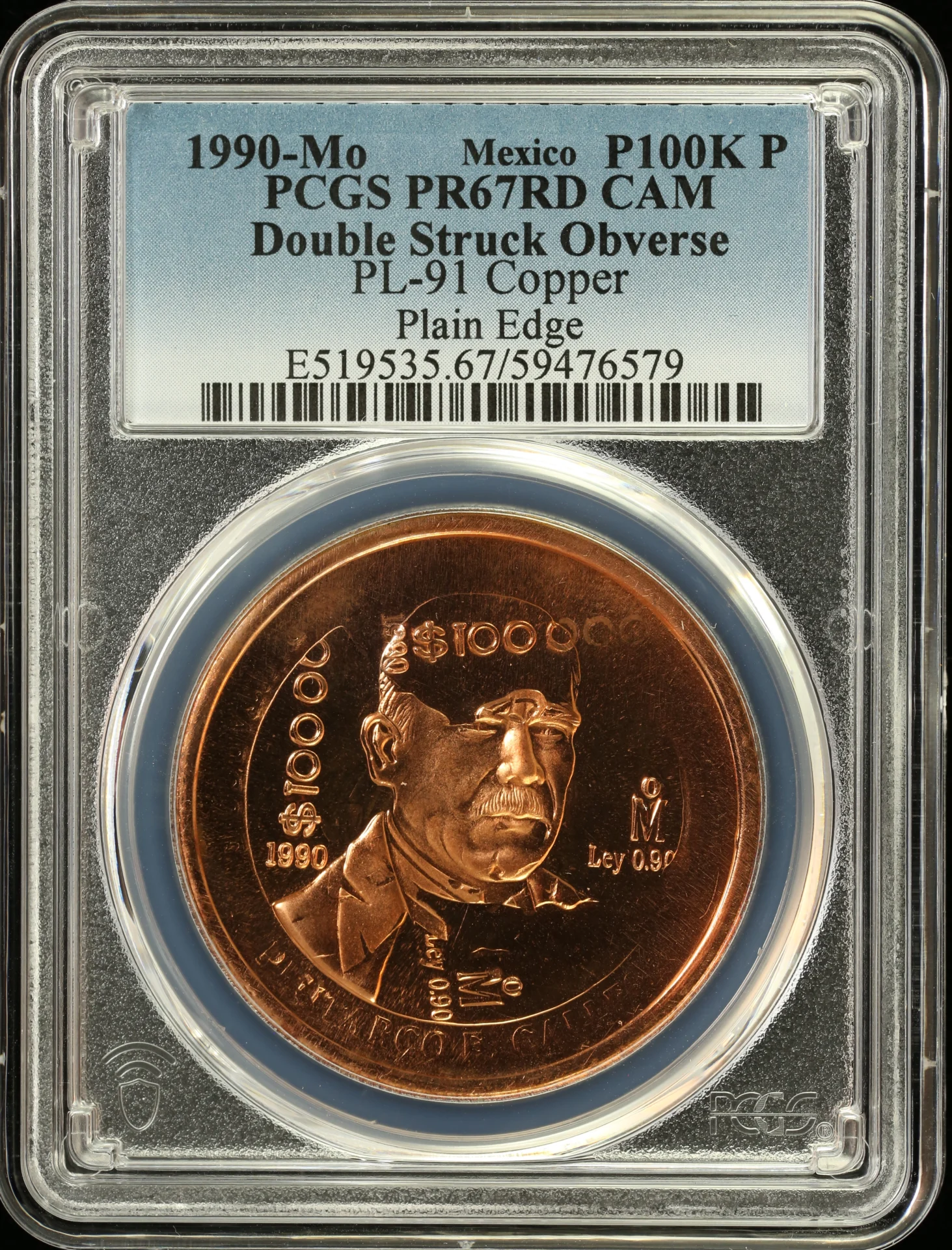 000 Pesos 100 Mexican Coins Mint Errors Modern Silver & Minors Mint Errors Modern Silver & Minors 100,000 Peso 1990 Mo PCGS PR67RD CAM PL-91 0162886 Mint Errors Modern Silver & Minors 100,000 Peso 1990 Mo PCGS PR67RD CAM PL-91 0162886