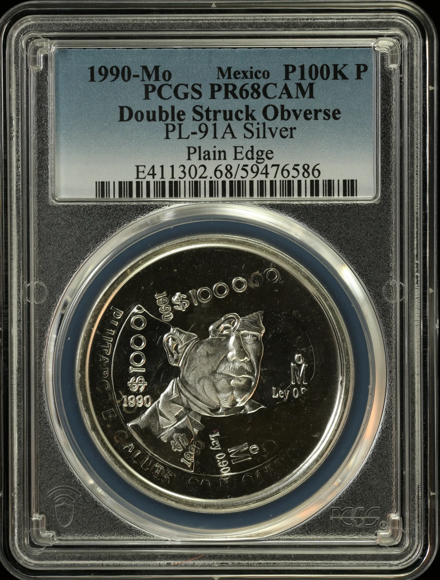 000 Pesos 100 Mexican Coins Mint Errors Modern Silver & Minors Mint Errors Modern Silver & Minors 100,000 Peso 1990 Mo PCGS PR68CAM PL-91A 0162888 Mint Errors Modern Silver & Minors 100,000 Peso 1990 Mo PCGS PR68CAM PL-91A 0162888