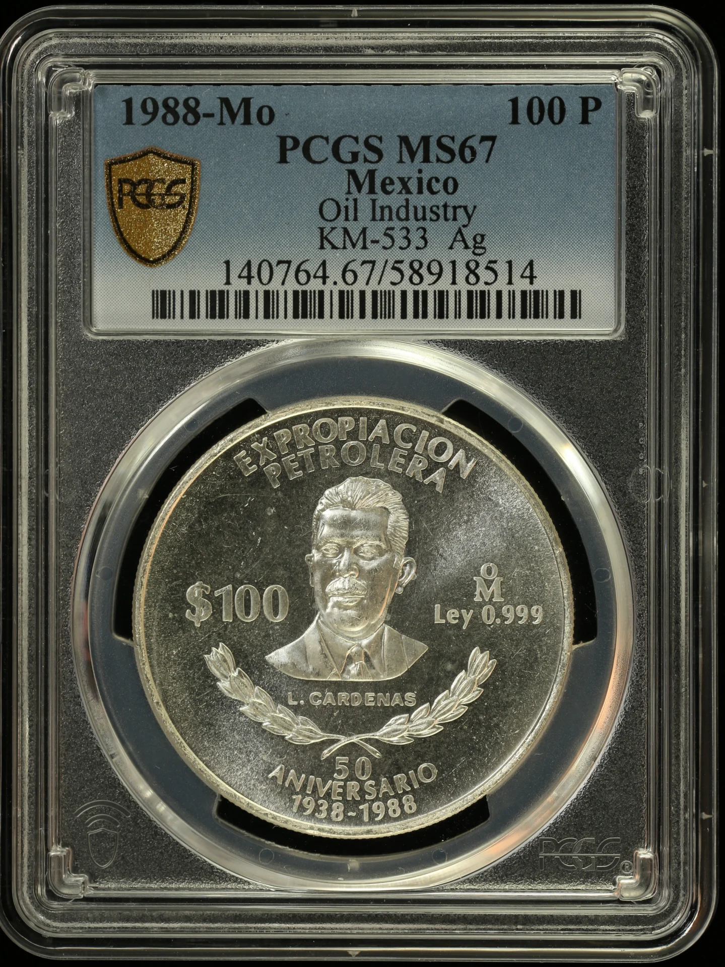 100 Peso Mexican Coins Modern Silver & Minors Modern Silver & Minors 100 Peso 1988 Mo KM-533 PCGS MS67 0162991 Modern Silver & Minors 100 Peso 1988 Mo KM-533 PCGS MS67 0162991