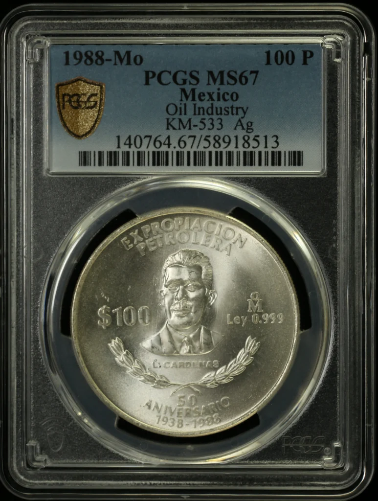 100 Peso Mexican Coins Modern Silver & Minors Modern Silver & Minors 100 Peso 1988 Mo KM-533 PCGS MS67 0162990 Modern Silver & Minors 100 Peso 1988 Mo KM-533 PCGS MS67 0162990