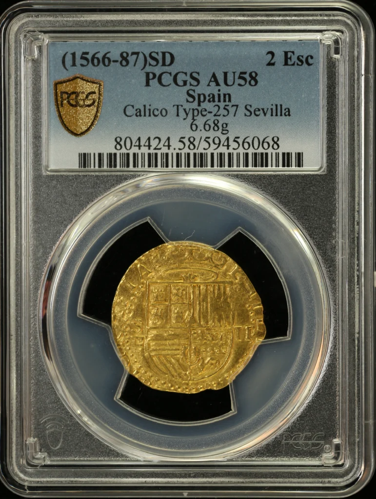 Spain 2 Escudos (1566-87) SD PCGS AU58 Calico Type-257 0162711