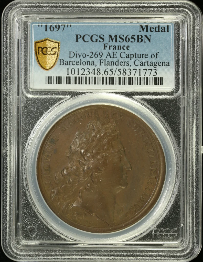 France Capture of Barcelona Flanders Cartagena Bronzed Medal 1697 Divo-269 PCGS MS65BN 0162675