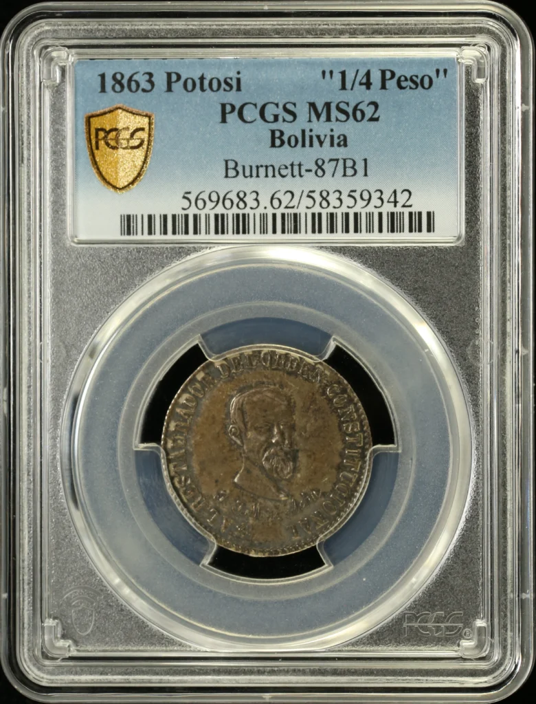 Bolivia 1/4 Peso 1863 Potosi Burnett-87B1 PCGS MS62 0162531