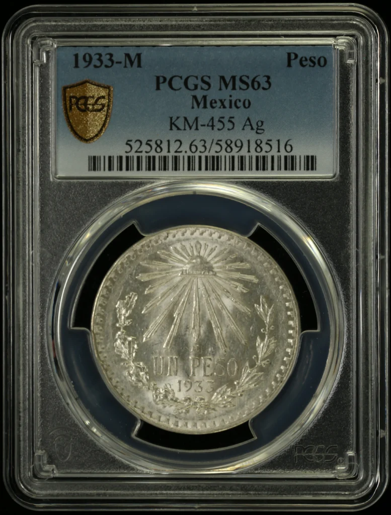 Mexican Coins Modern Silver & Minors Peso Modern Silver & Minors Peso 1933 M KM-455 PCGS MS63 0163009 Modern Silver & Minors Peso 1933 M KM-455 PCGS MS63 0163009