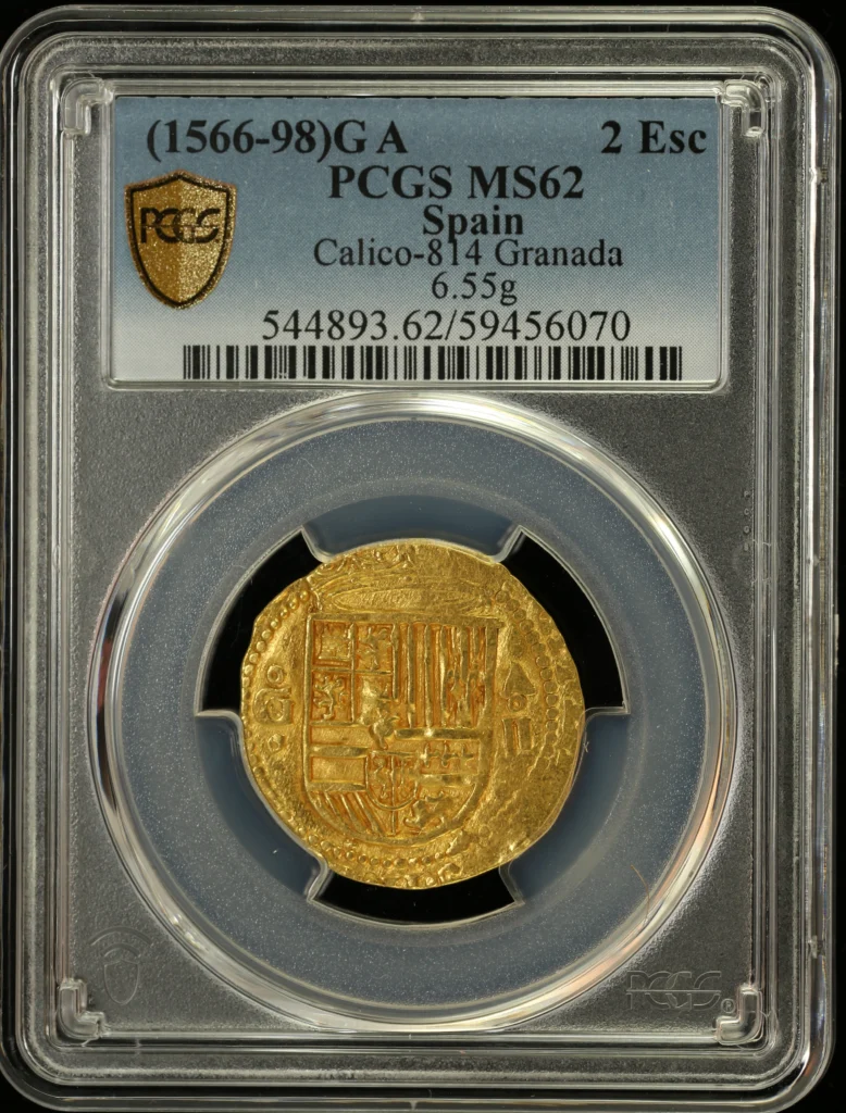 Spain 2 Escudos (1566-98) G A PCGS MS62 Calico-814 0162713