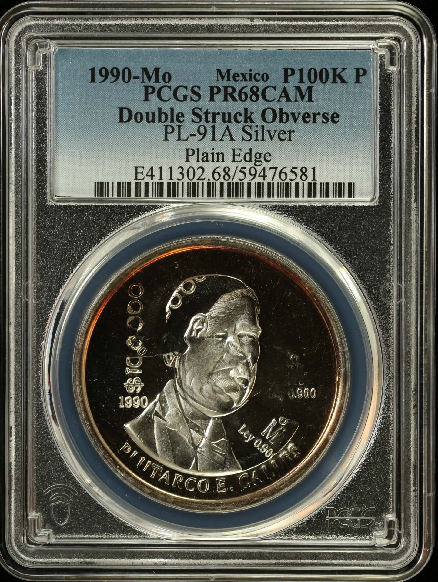 000 Pesos 100 Mexican Coins Mint Errors Modern Silver & Minors Mint Errors Modern Silver & Minors 100,000 Peso 1990 Mo PCGS PR68CAM PL-91A 0162892 Mint Errors Modern Silver & Minors 100,000 Peso 1990 Mo PCGS PR68CAM PL-91A 0162892