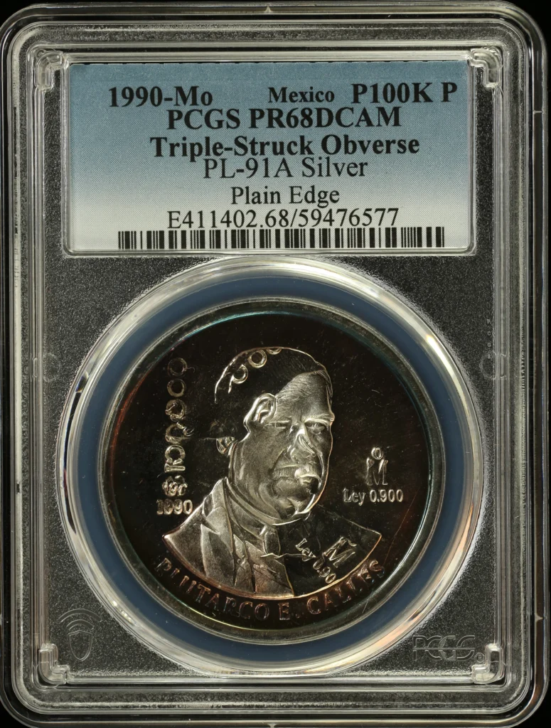 Mint Errors Modern Silver & Minors 100,000 Peso 1990 Mo PCGS PR68DCAM PL-91A 0162895
