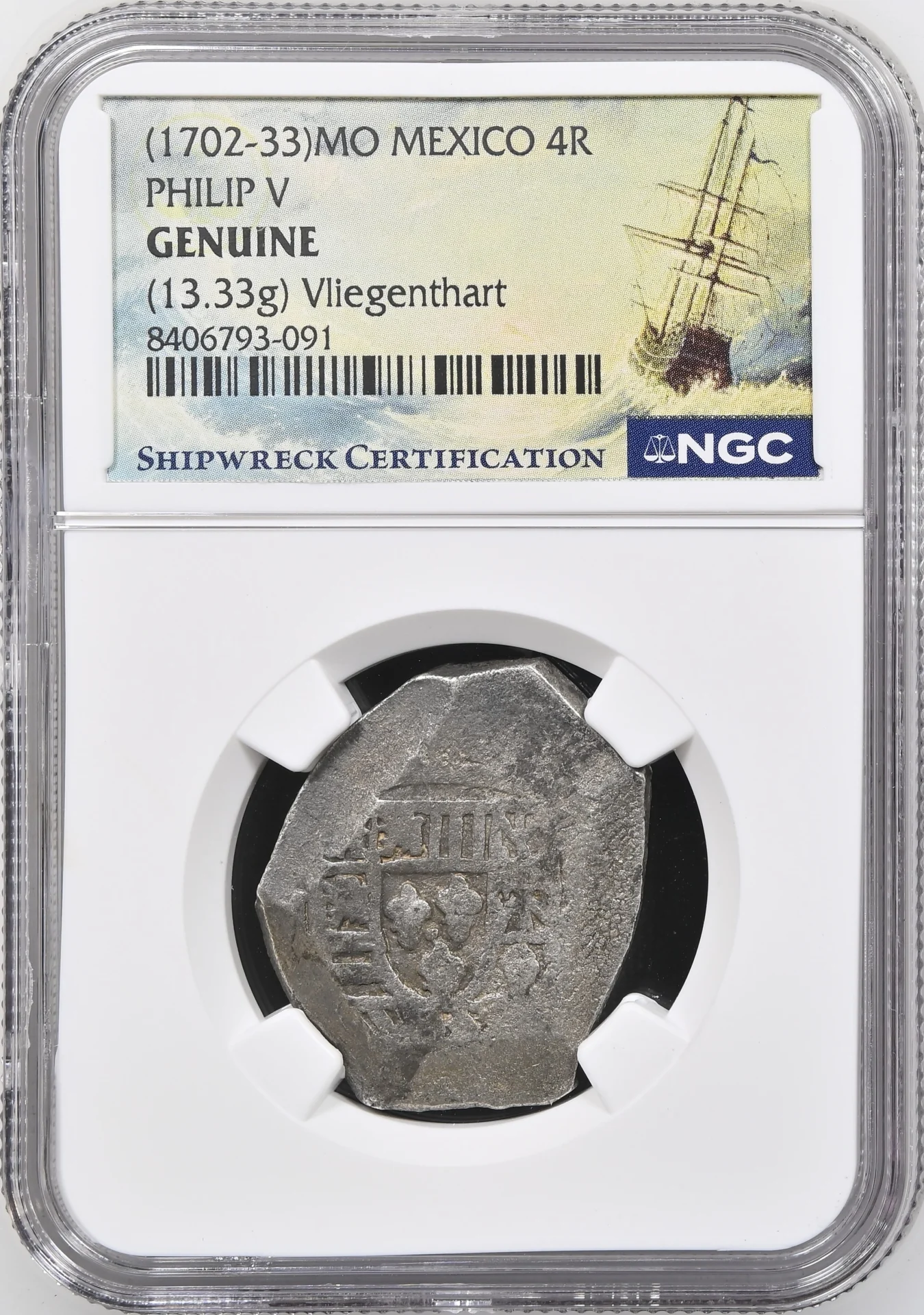 Colonial Silver & Minors Mexican Coins Shipwreck Coins Vliegenthart (1735) Colonial Silver & Minors Vliegenthart (1735) 4 Reales (1702-33) Mo NGC GENUINE 0163225 Colonial Silver & Minors Vliegenthart (1735) 4 Reales (1702-33) Mo NGC GENUINE 0163225