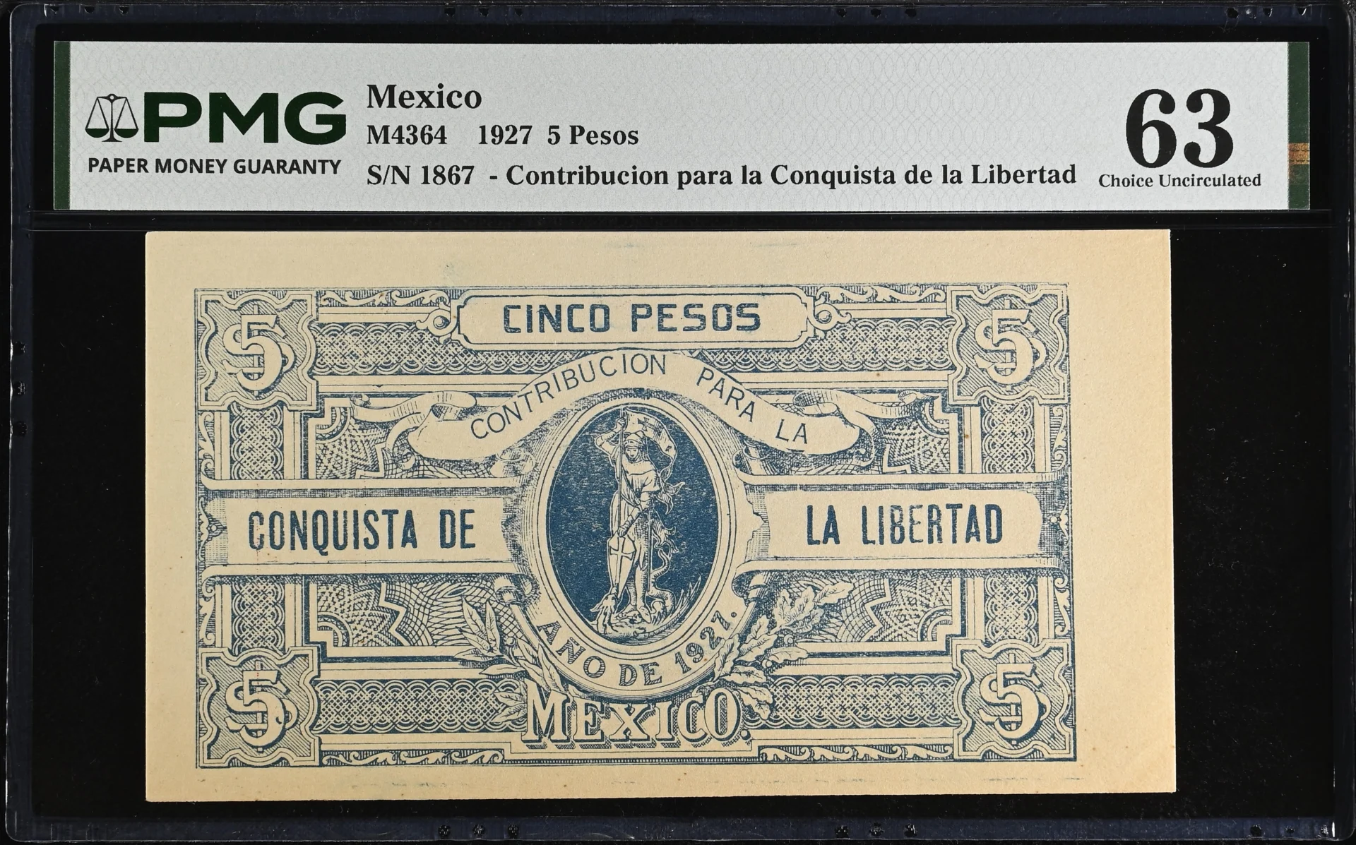 Mexican Currency Post Revolution Post Revolution 5 Pesos 1927 Jalisco M4364 PMG Ch UNC63 f_35852 Post Revolution 5 Pesos 1927 Jalisco M4364 PMG Ch UNC63 f_35852