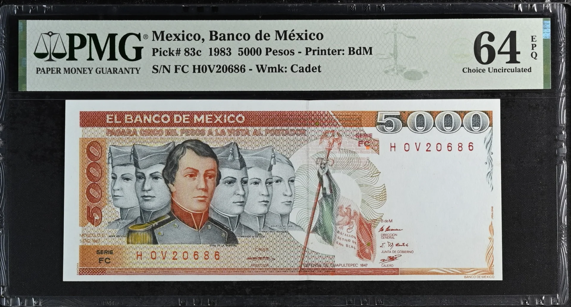 Banco De Mexico Mexican Currency Banco De Mexico 5,000 Pesos 1983 M4660c P#83c PMG Ch UNC64 EPQ f_35780 Banco De Mexico 5,000 Pesos 1983 M4660c P#83c PMG Ch UNC64 EPQ f_35780