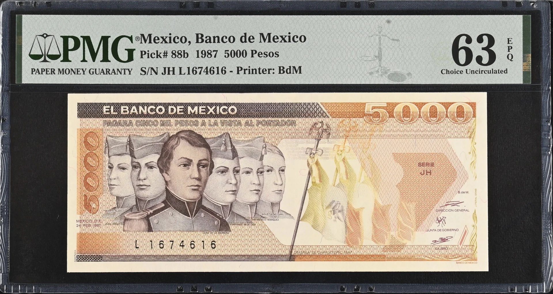Banco De Mexico Mexican Currency Banco De Mexico 5,000 Pesos 1987 M4661a P88b PMG Ch UNC63 EPQ f_35781 Banco De Mexico 5,000 Pesos 1987 M4661a P88b PMG Ch UNC63 EPQ f_35781
