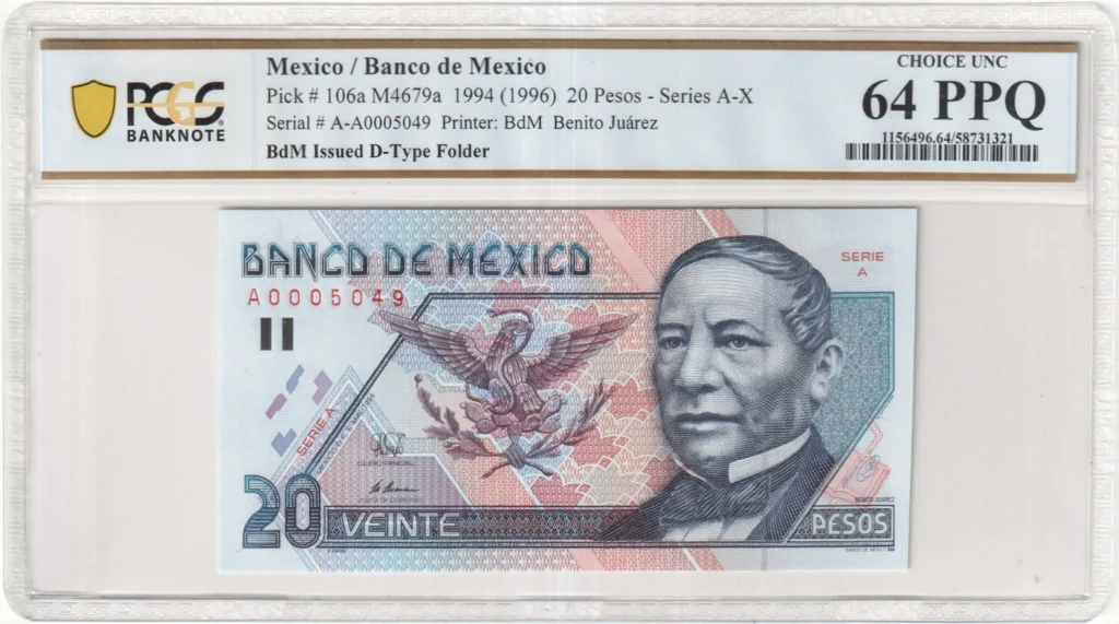 Banco De Mexico Mexican Currency Banco De Mexico 20 Pesos 1994 M4679a P106a PCGS Ch UNC64 PPQ f_35784 Banco De Mexico 20 Pesos 1994 M4679a P106a PCGS Ch UNC64 PPQ f_35784