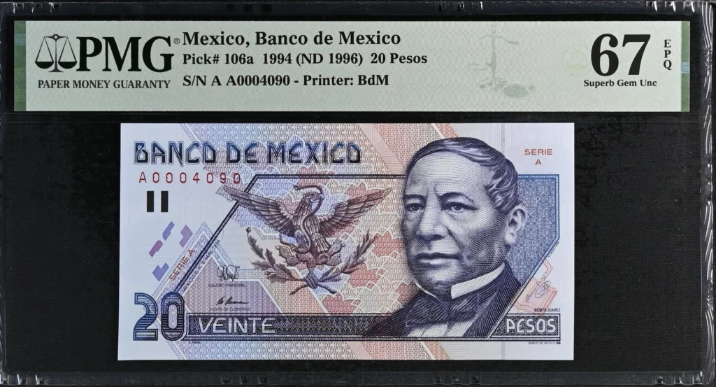 Banco De Mexico Mexican Currency Banco De Mexico 20 Pesos 1994 M4679 P#106a PMG Superb Gem UNC67 EPQ f_35785 Banco De Mexico 20 Pesos 1994 M4679 P#106a PMG Superb Gem UNC67 EPQ f_35785