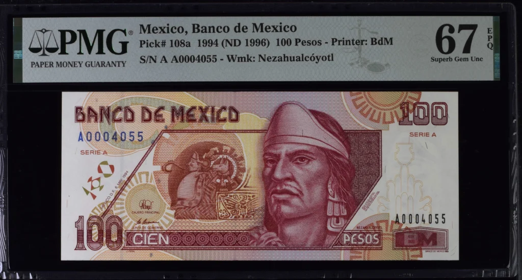 Banco De Mexico Mexican Currency Banco De Mexico 100 Pesos 1994 M4681 P108a PMG Superb Gem UNC67 EPQ f_35789 Banco De Mexico 100 Pesos 1994 M4681 P108a PMG Superb Gem UNC67 EPQ f_35789