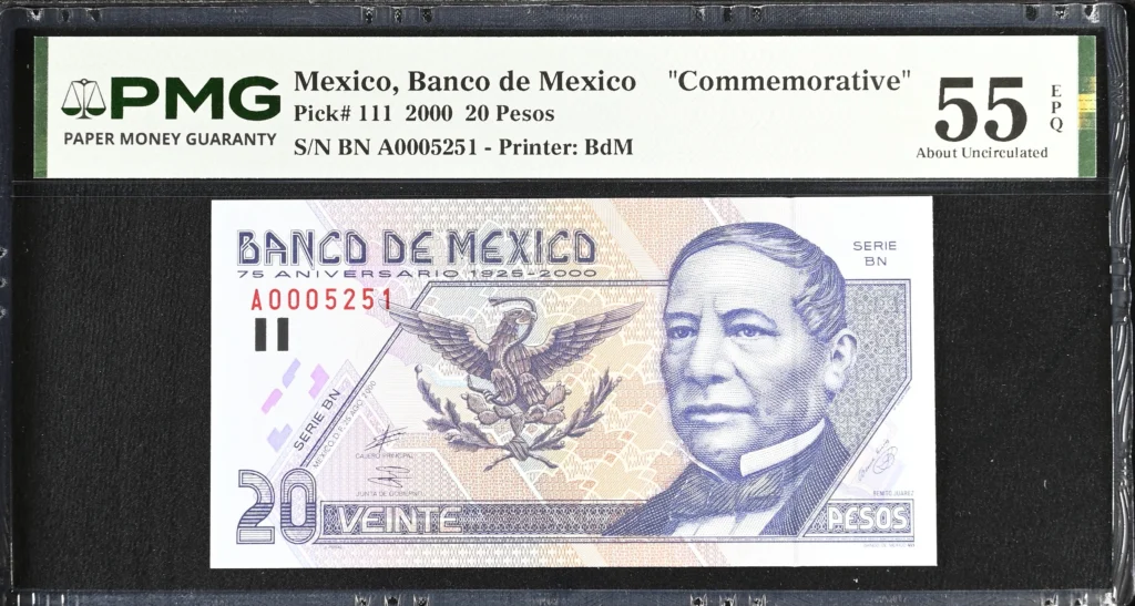 Banco De Mexico Mexican Currency Banco De Mexico 20 Pesos 2000 M4684 P#111 PMG AU55 EPQ f_35792 Banco De Mexico 20 Pesos 2000 M4684 P#111 PMG AU55 EPQ f_35792