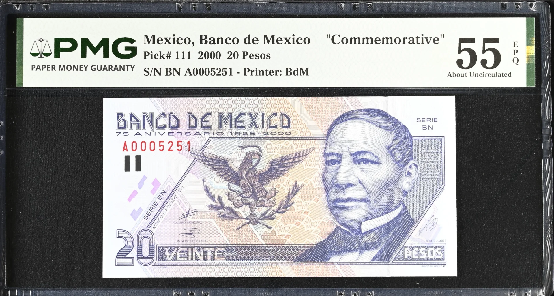 Banco De Mexico Mexican Currency Banco De Mexico 20 Pesos 2000 M4684 P#111 PMG AU55 EPQ f_35792 Banco De Mexico 20 Pesos 2000 M4684 P#111 PMG AU55 EPQ f_35792
