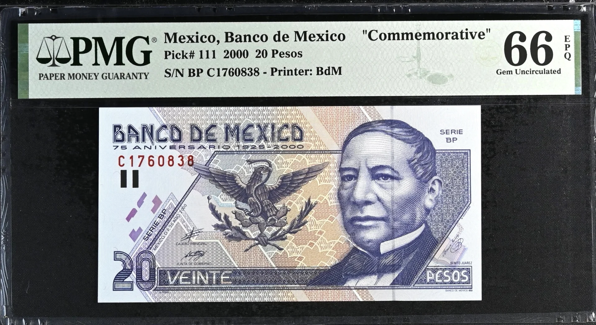 Banco De Mexico Mexican Currency Banco De Mexico 20 Pesos 2000 M4684 P111 PMG Gem UNC66 EPQ f_35793 Banco De Mexico 20 Pesos 2000 M4684 P111 PMG Gem UNC66 EPQ f_35793