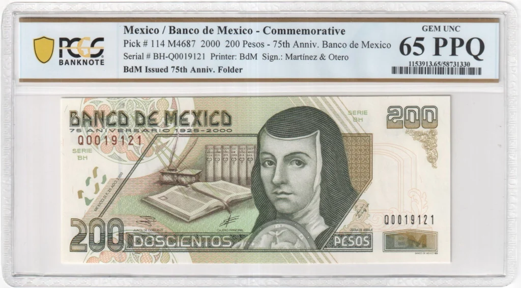 Banco De Mexico Mexican Currency Banco De Mexico 200 Pesos 2000 M4687 P114 PCGS Gem UNC65 PPQ f_35796 Banco De Mexico 200 Pesos 2000 M4687 P114 PCGS Gem UNC65 PPQ f_35796