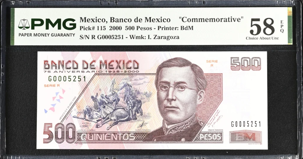 Banco De Mexico Mexican Currency Banco De Mexico 500 Pesos 2000 M4688 P115 PMG Ch AU58 EPQ f_35797 Banco De Mexico 500 Pesos 2000 M4688 P115 PMG Ch AU58 EPQ f_35797