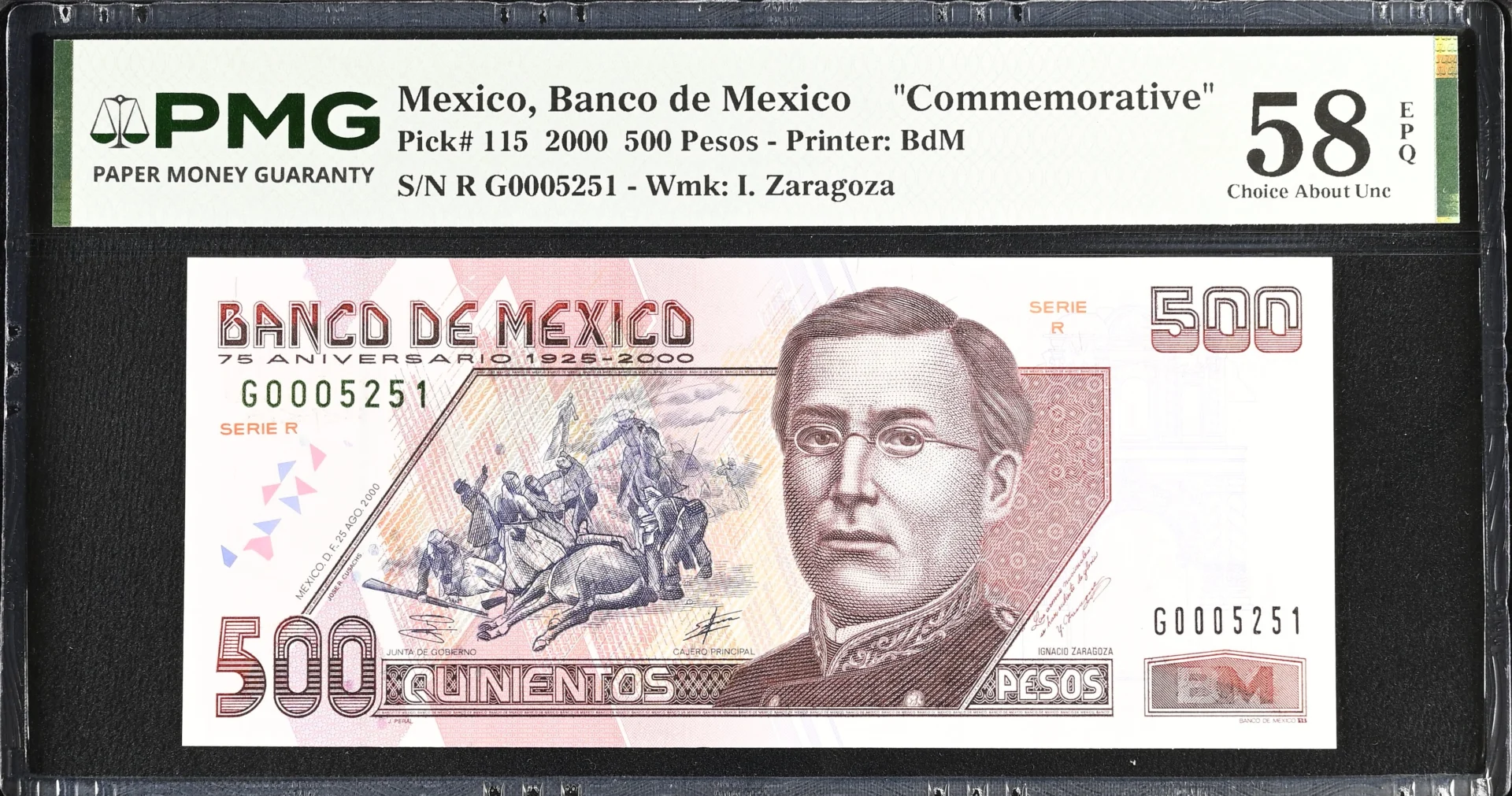 Banco De Mexico Mexican Currency Banco De Mexico 500 Pesos 2000 M4688 P115 PMG Ch AU58 EPQ f_35797 Banco De Mexico 500 Pesos 2000 M4688 P115 PMG Ch AU58 EPQ f_35797