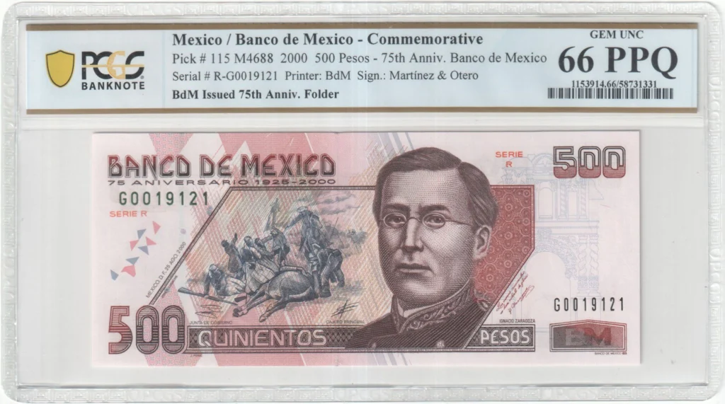 Banco De Mexico Mexican Currency Banco De Mexico 500 Pesos 2000 M4688 P115 PCGS Gem UNC66 PPQ f_35798 Banco De Mexico 500 Pesos 2000 M4688 P115 PCGS Gem UNC66 PPQ f_35798