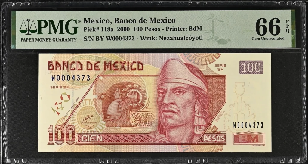 Banco De Mexico Mexican Currency Banco De Mexico 100 Pesos 2000 M4691 P118a PMG Gem UNC66 EPQ f_35800 Banco De Mexico 100 Pesos 2000 M4691 P118a PMG Gem UNC66 EPQ f_35800