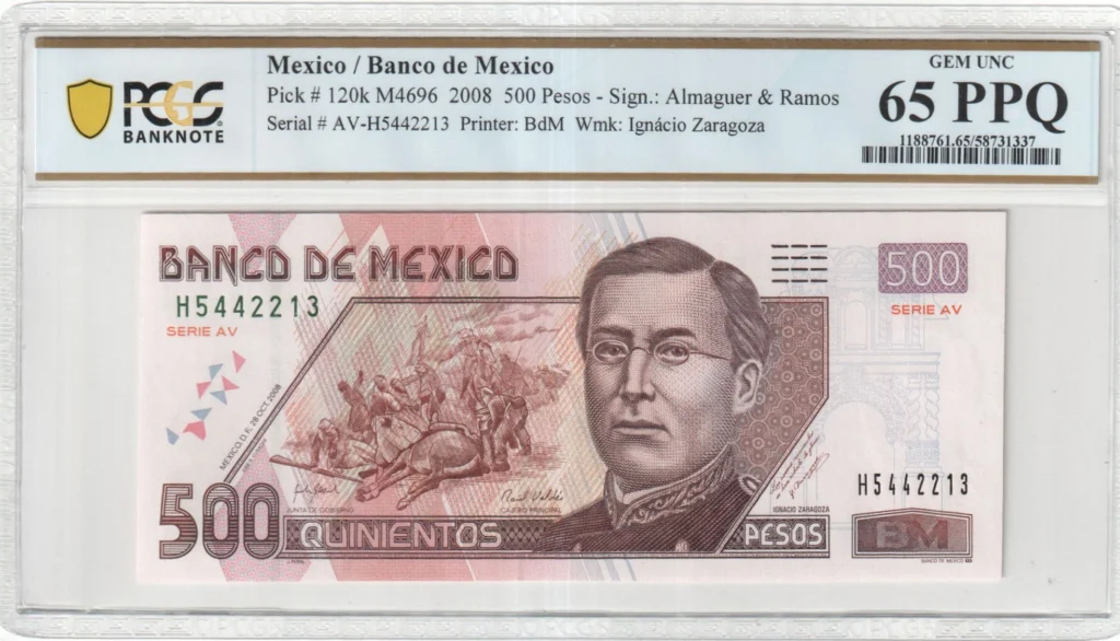 Banco De Mexico Mexican Currency Banco De Mexico 500 Pesos 2008 M4696 P120k PCGS Gem UNC65 PPQ f_35801 Banco De Mexico 500 Pesos 2008 M4696 P120k PCGS Gem UNC65 PPQ f_35801