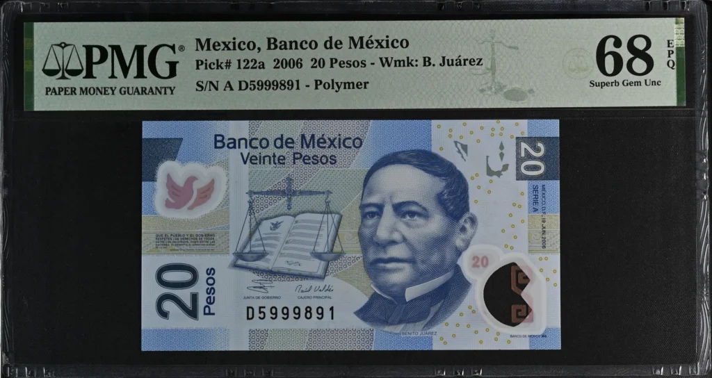 Banco De Mexico Mexican Currency Banco De Mexico 20 Pesos 2006 M4698 P#122a PMG Superb Gem UNC68 EPQ f_35804 Banco De Mexico 20 Pesos 2006 M4698 P#122a PMG Superb Gem UNC68 EPQ f_35804