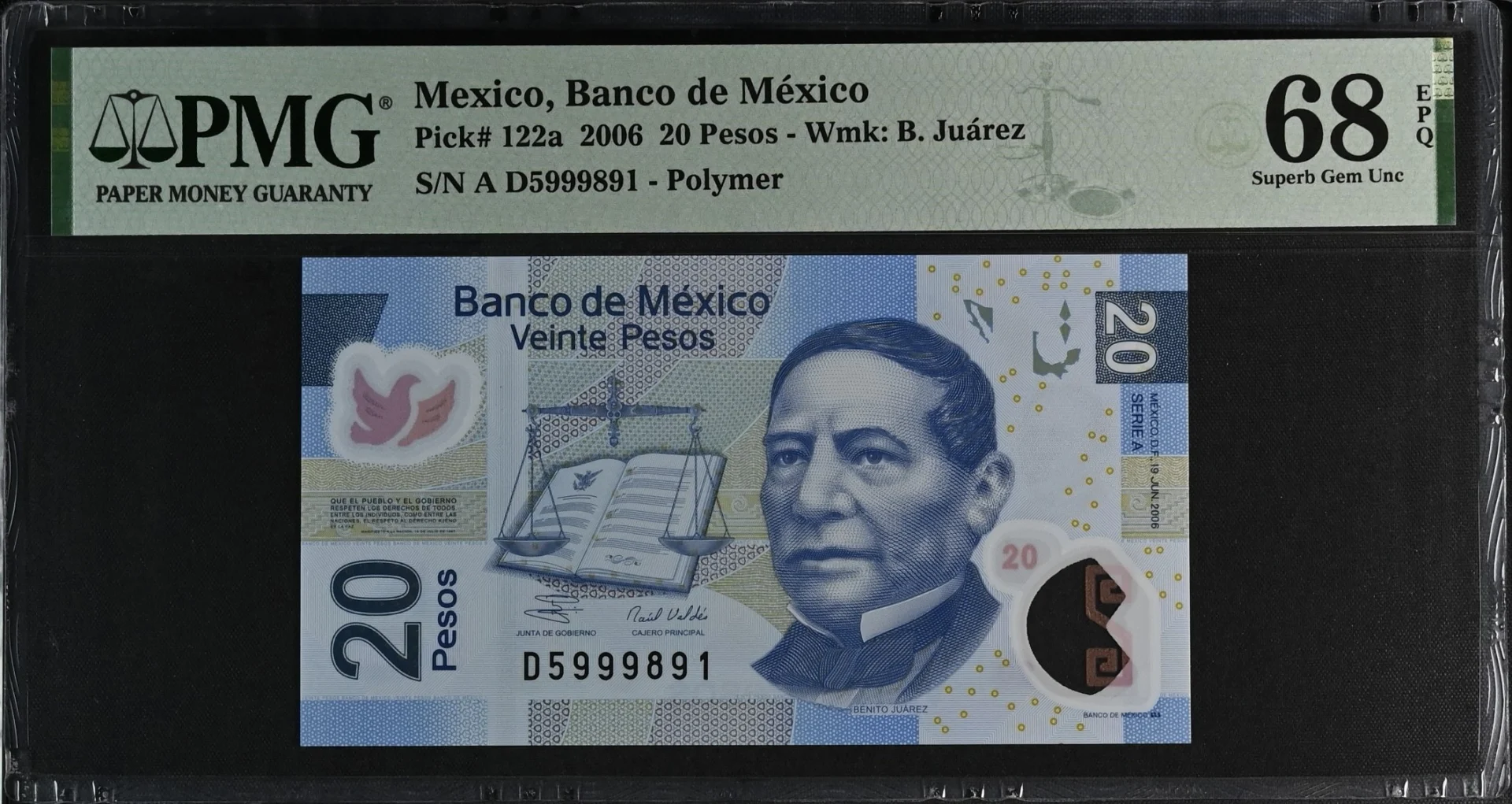 Banco De Mexico Mexican Currency Banco De Mexico 20 Pesos 2006 M4698 P#122a PMG Superb Gem UNC68 EPQ f_35804 Banco De Mexico 20 Pesos 2006 M4698 P#122a PMG Superb Gem UNC68 EPQ f_35804