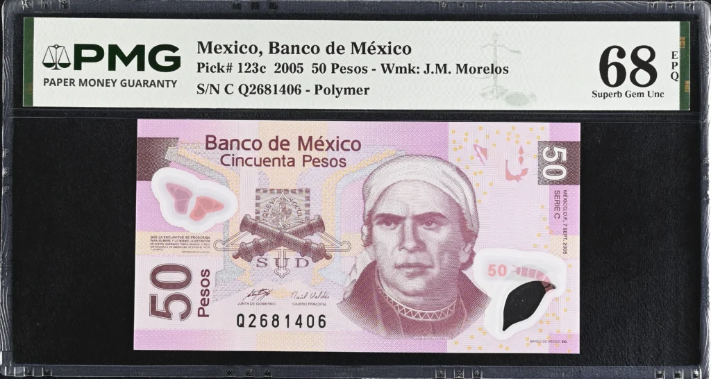 Banco De Mexico Mexican Currency Banco De Mexico 50 Pesos 2005 M4699 P#123c PMG Superb Gem UNC68 EPQ f_35805 Banco De Mexico 50 Pesos 2005 M4699 P#123c PMG Superb Gem UNC68 EPQ f_35805