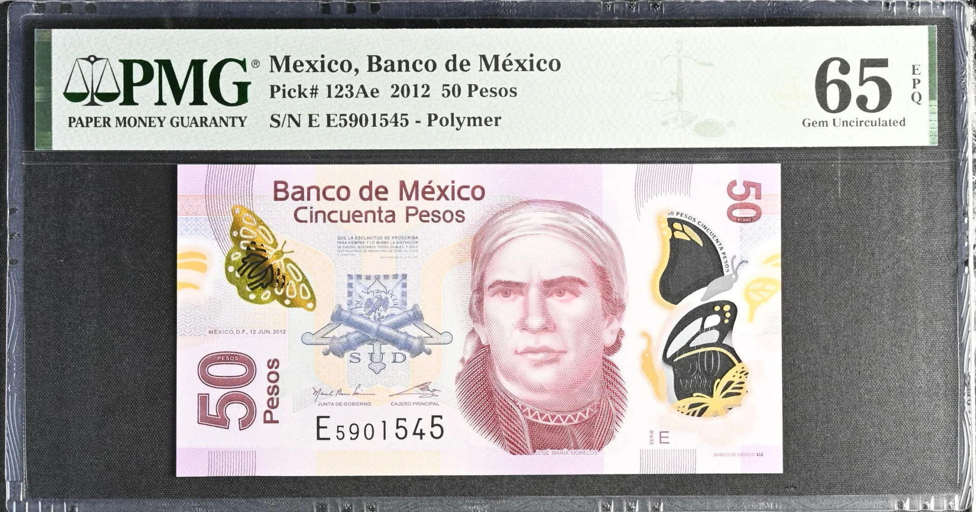 Banco De Mexico Mexican Currency Banco De Mexico 50 Pesos 2012 M4700 P123Ae PMG Gem UNC65 EPQ f_35806 Banco De Mexico 50 Pesos 2012 M4700 P123Ae PMG Gem UNC65 EPQ f_35806