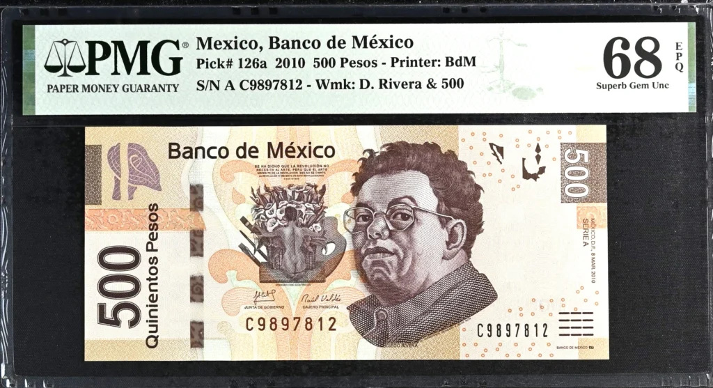Banco De Mexico Mexican Currency Banco De Mexico 500 Pesos 2010 M4703 P126a PMG Superb Gem UNC68 EPQ f_35807 Banco De Mexico 500 Pesos 2010 M4703 P126a PMG Superb Gem UNC68 EPQ f_35807