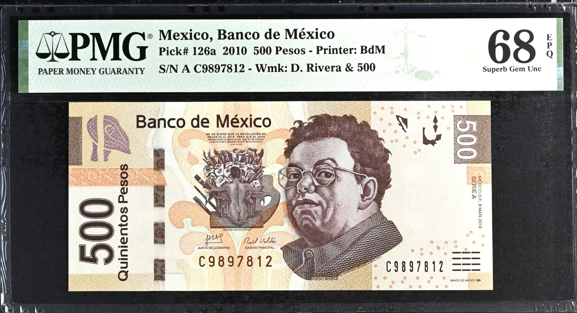 Banco De Mexico Mexican Currency Banco De Mexico 500 Pesos 2010 M4703 P126a PMG Superb Gem UNC68 EPQ f_35807 Banco De Mexico 500 Pesos 2010 M4703 P126a PMG Superb Gem UNC68 EPQ f_35807