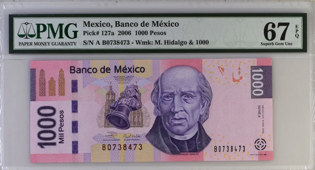 Banco De Mexico Mexican Currency Banco De Mexico 1,000 Pesos 2006 M4704 P127a PMG Superb Gem UNC67 EPQ f_35808 Banco De Mexico 1,000 Pesos 2006 M4704 P127a PMG Superb Gem UNC67 EPQ f_35808