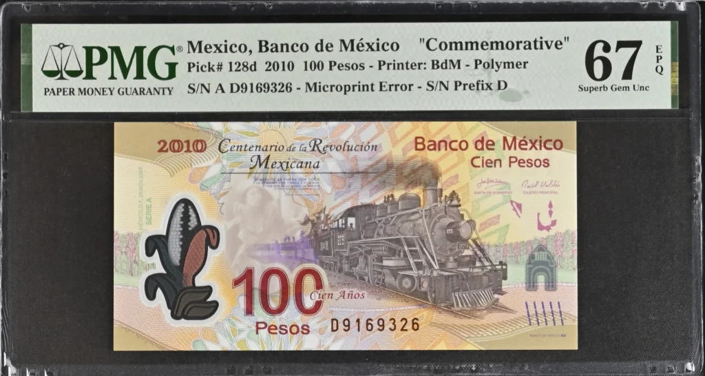 Banco De Mexico Mexican Currency Banco De Mexico 100 Pesos 2010 M4705 P128d PMG Superb Gem UNC67 EPQ f_35811 Banco De Mexico 100 Pesos 2010 M4705 P128d PMG Superb Gem UNC67 EPQ f_35811