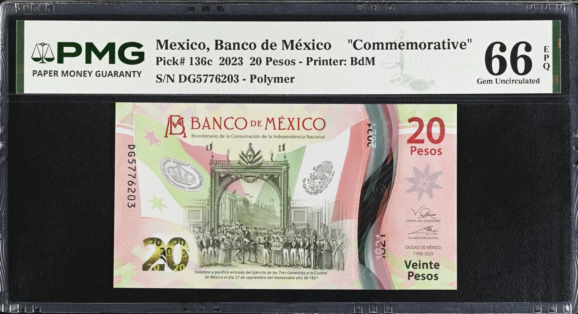Banco De Mexico 20 Pesos 2023 M4708 P136c PMG Gem UNC66 EPQ f_35812